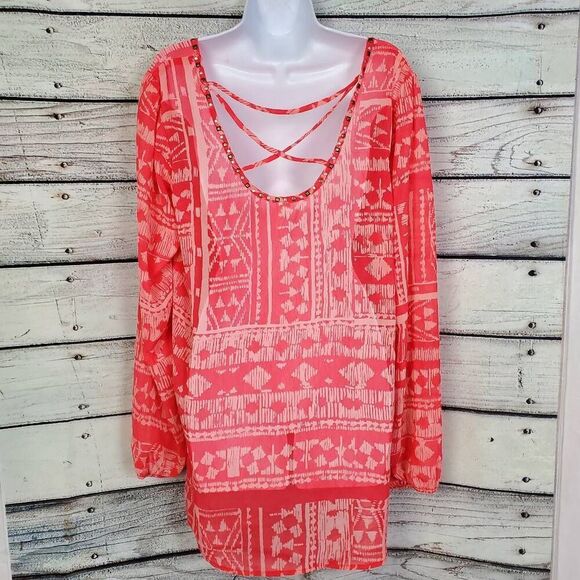 Studio Y Women’s XL Coral Pink Long Sleeve Sheer Blouse Studded Boho Print - Picture 4 of 7